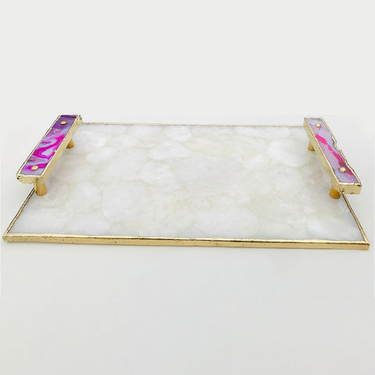White Crystal Agate Plated Serving Tray With Pink Agate/Onyx Handles/Personalised Momentos/Sign Boards