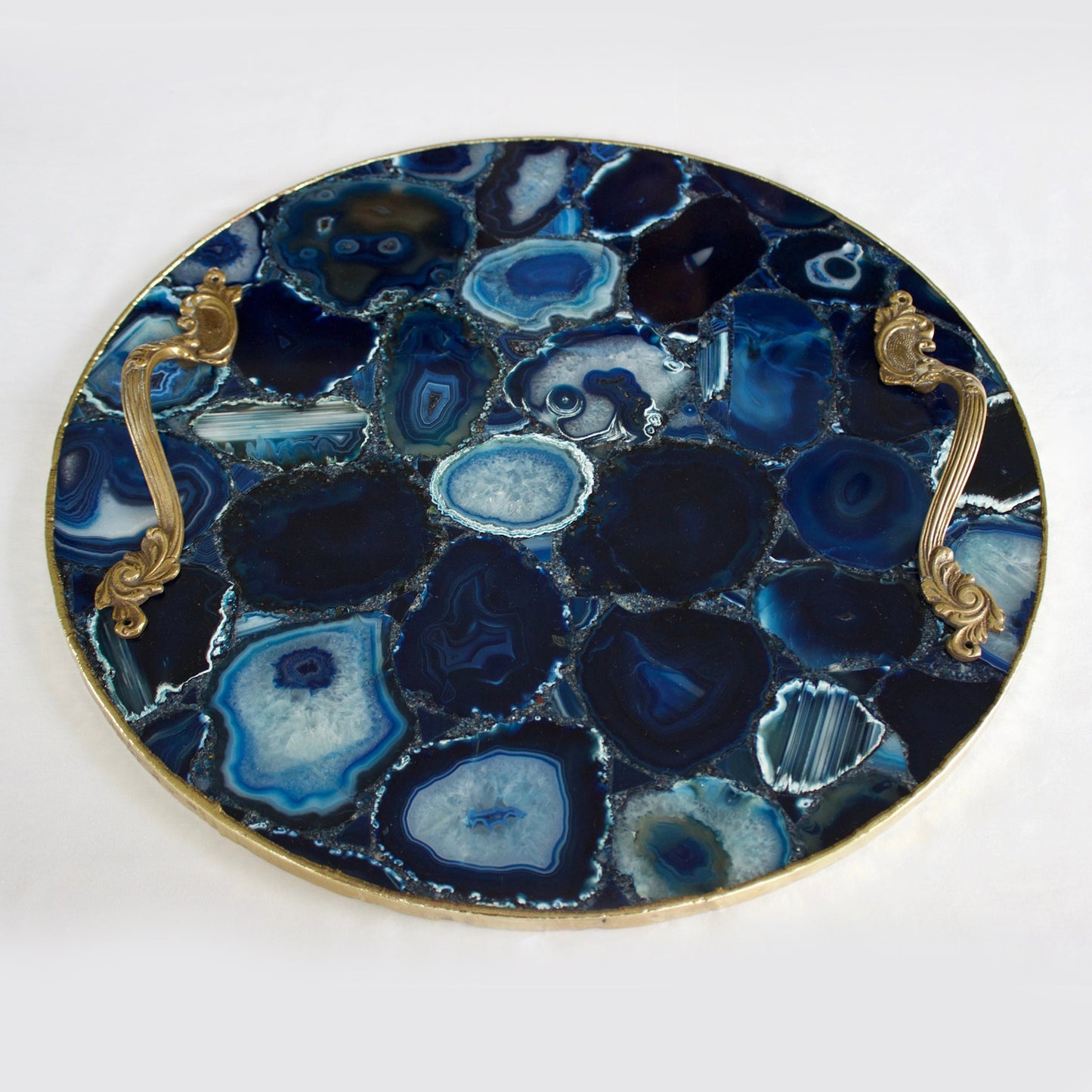 Blue Agate Serving Tray With Brass Handles | Circular