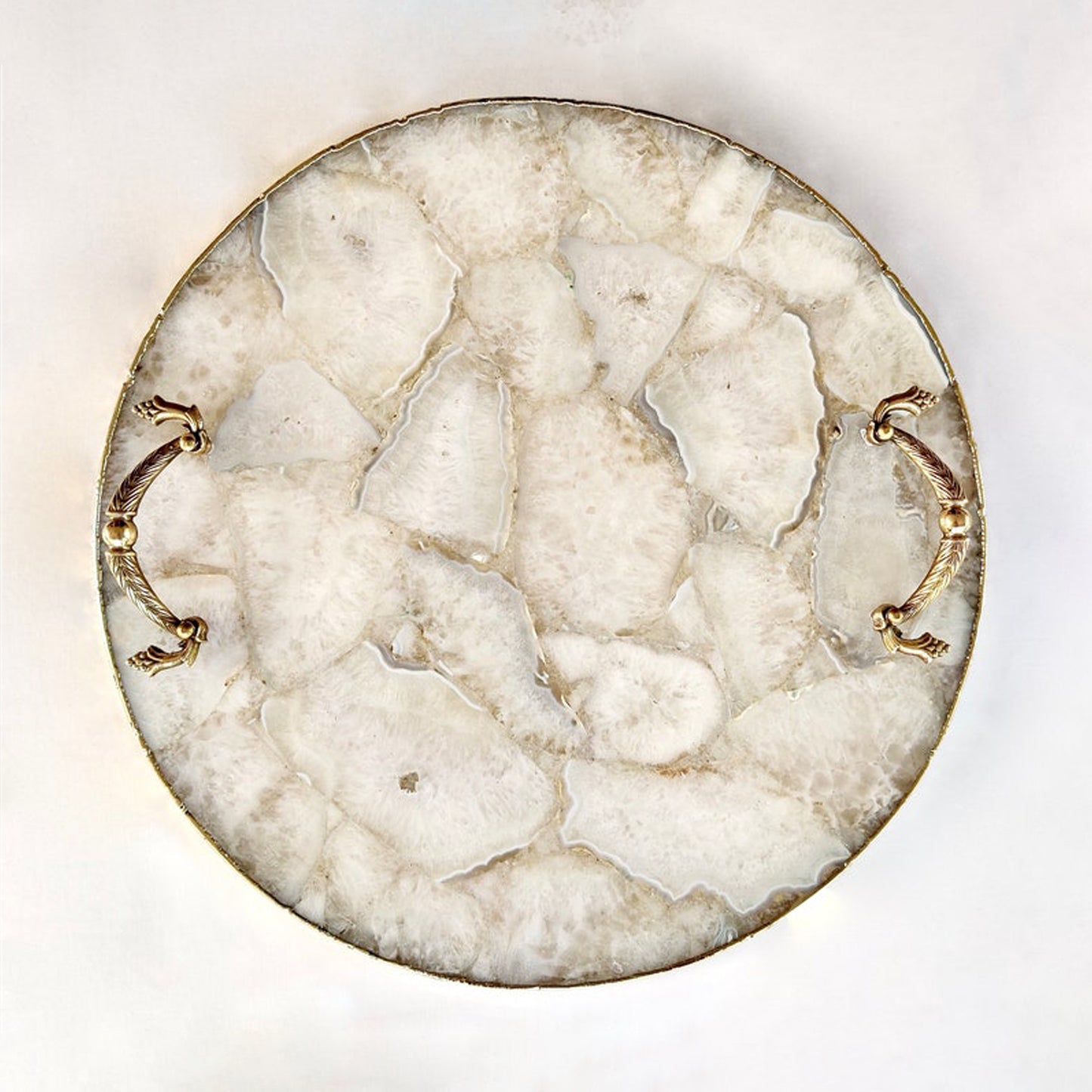 White Agate Serving Tray With Brass Handles | Circular |