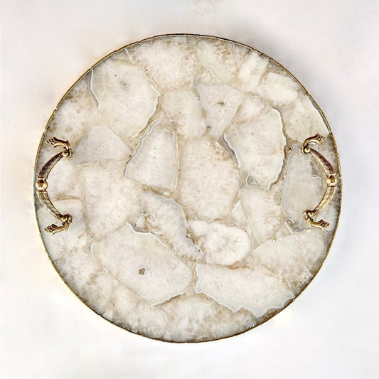 White Agate Serving Tray With Brass Handles | Circular |
