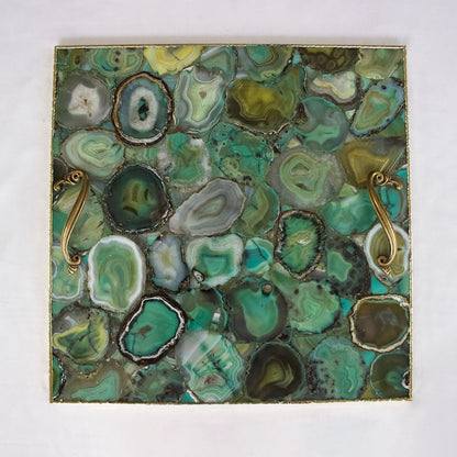 Light Green Agate Serving Tray With Brass Handles | Square