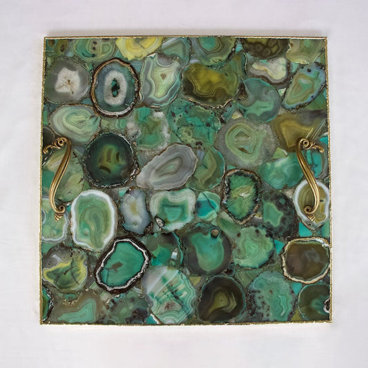 Light Green Agate Serving Tray With Brass Handles | Square