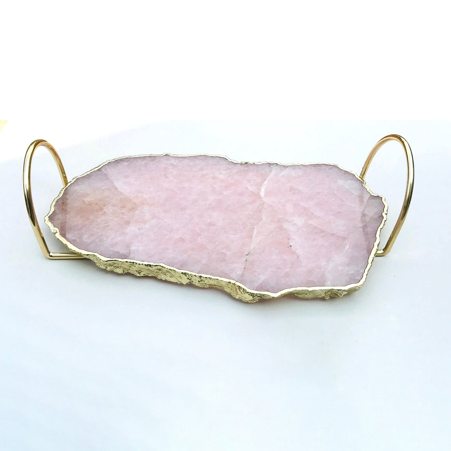 Rose Quartz Agate Serving Tray With Brass Loop Handles