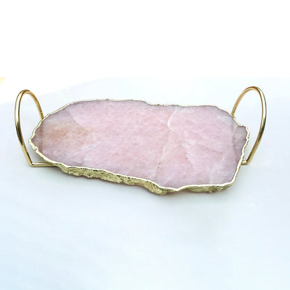 Rose Quartz Agate Serving Tray With Brass Loop Handles