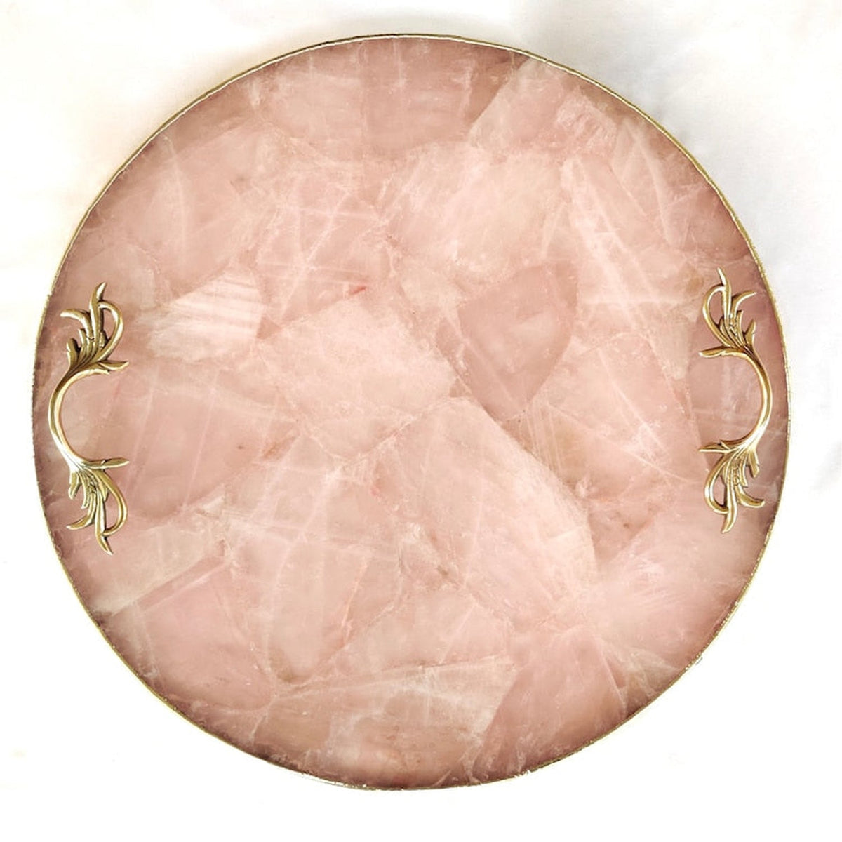 Rose quartz round serving tray with Open Leaf brass handles