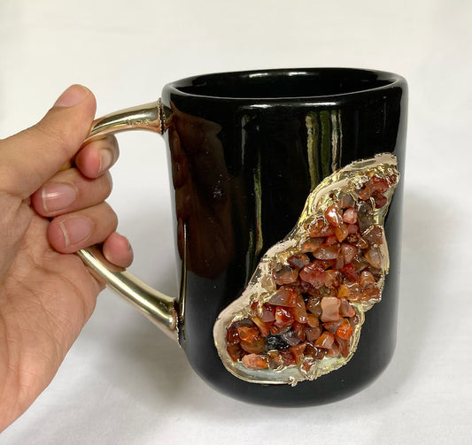 Set of 2 |Black and Gold Ceramic Big Coffee/Tea/Juice/Beverage Mug with Red Semi-precious Agate Crystal | 12 oz/355 ml