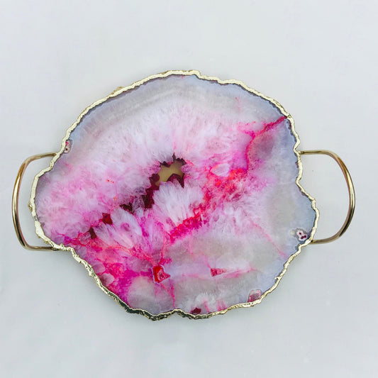 Pink Agate Serving Tray With Brass Loop Handles
