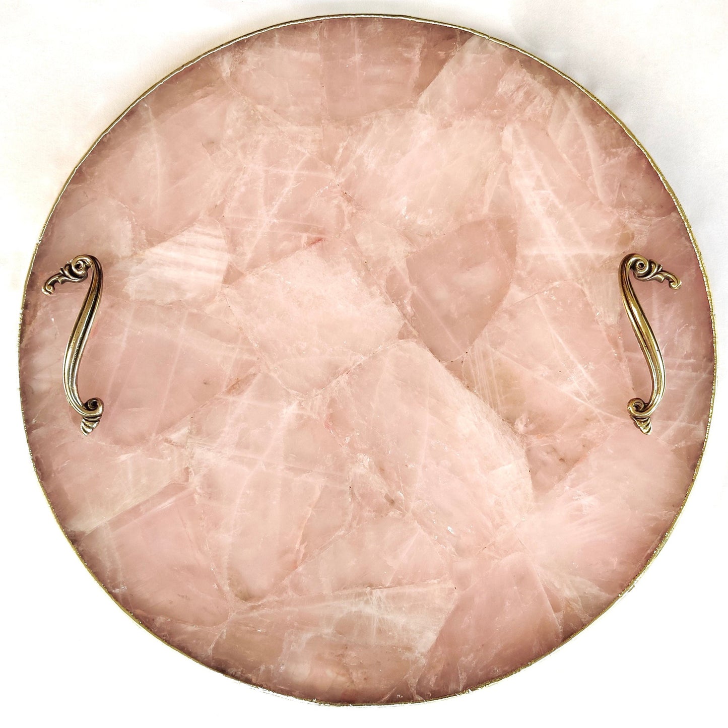 Rose Quartz Agate | Serving Tray With Brass Handles | Circular |