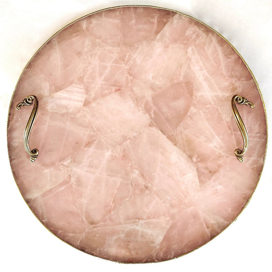 Rose Quartz Agate | Serving Tray With Brass Handles | Circular |