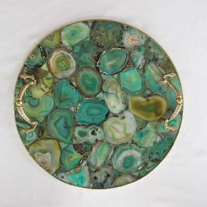Green agate round tray, twelve inch size for a coffee table