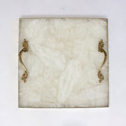 White Agate Serving Tray With Brass Handles | Square