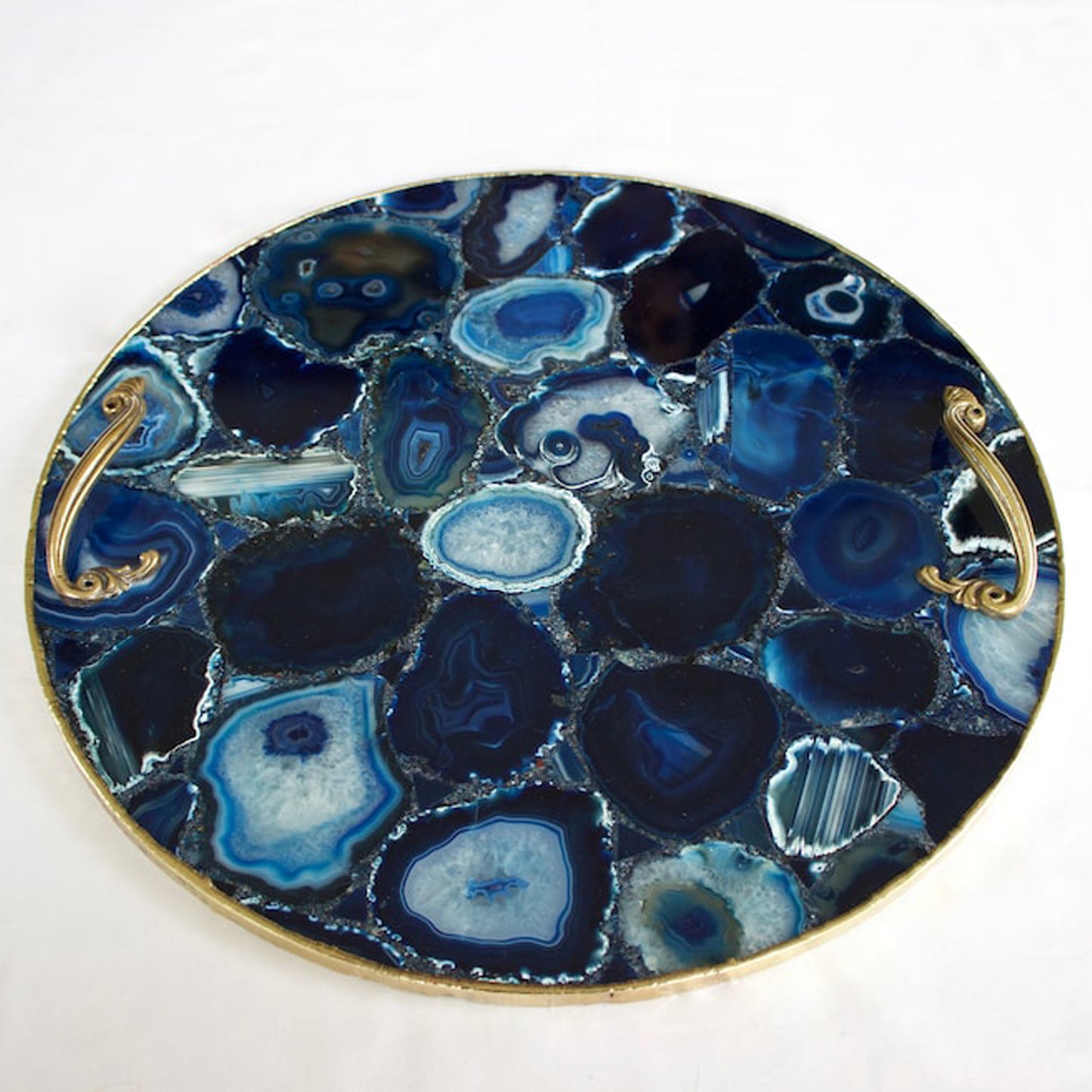 Blue Agate Serving Tray With Brass Handles | Circular