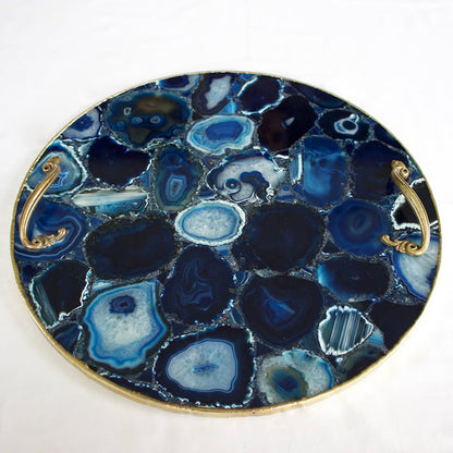 Blue Agate Serving Tray With Brass Handles | Circular