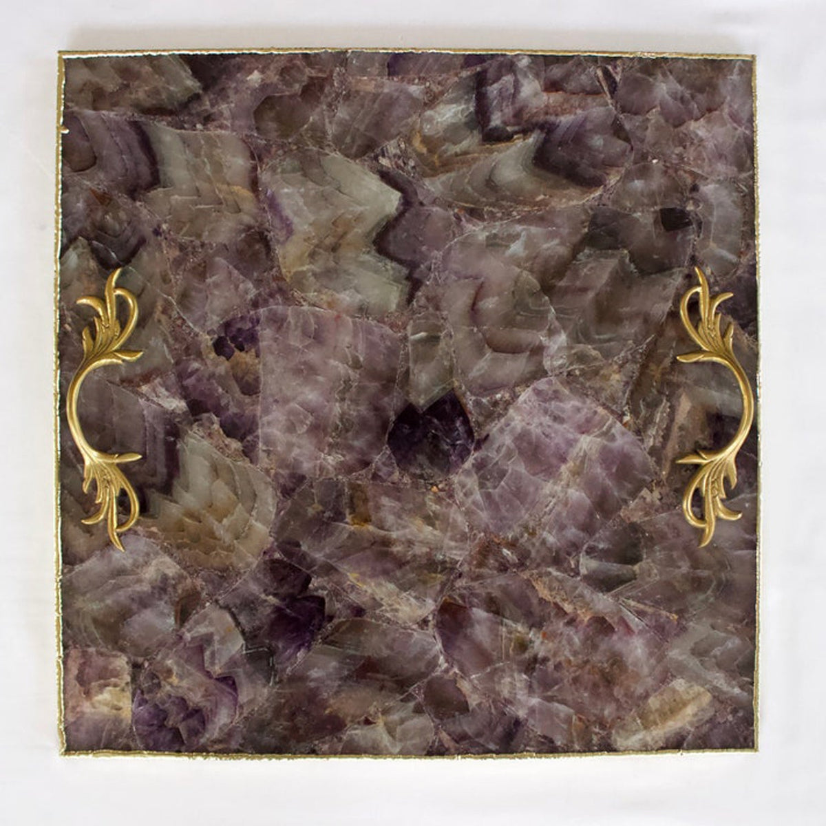 Square amethyst agate tray with Open Leaf handles