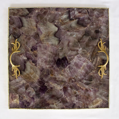 Square amethyst agate tray with Open Leaf handles