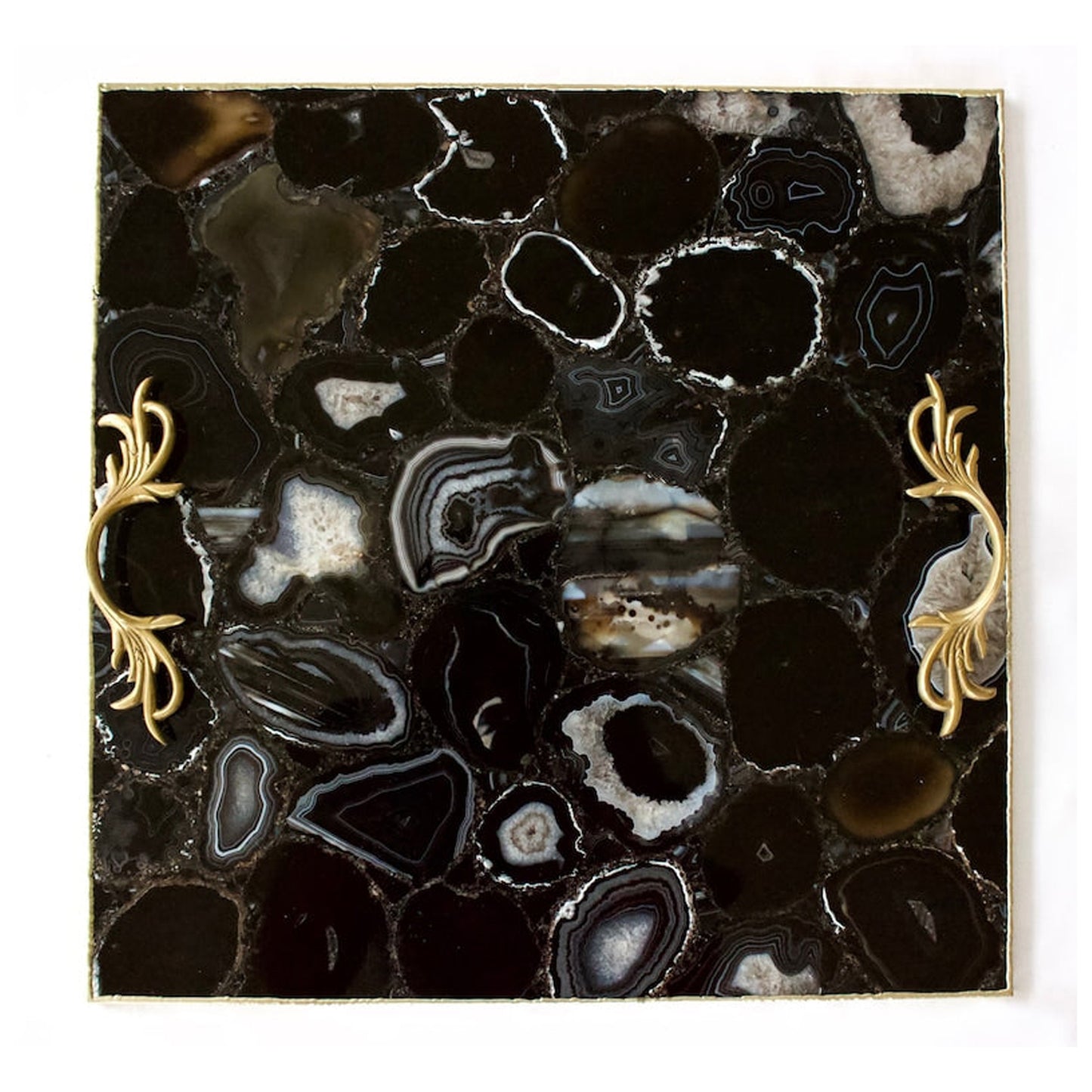 Black Agate Serving Tray With Brass Handles | Square