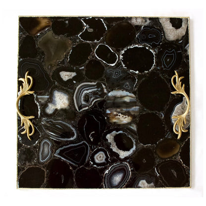 Black Agate Serving Tray With Brass Handles | Square