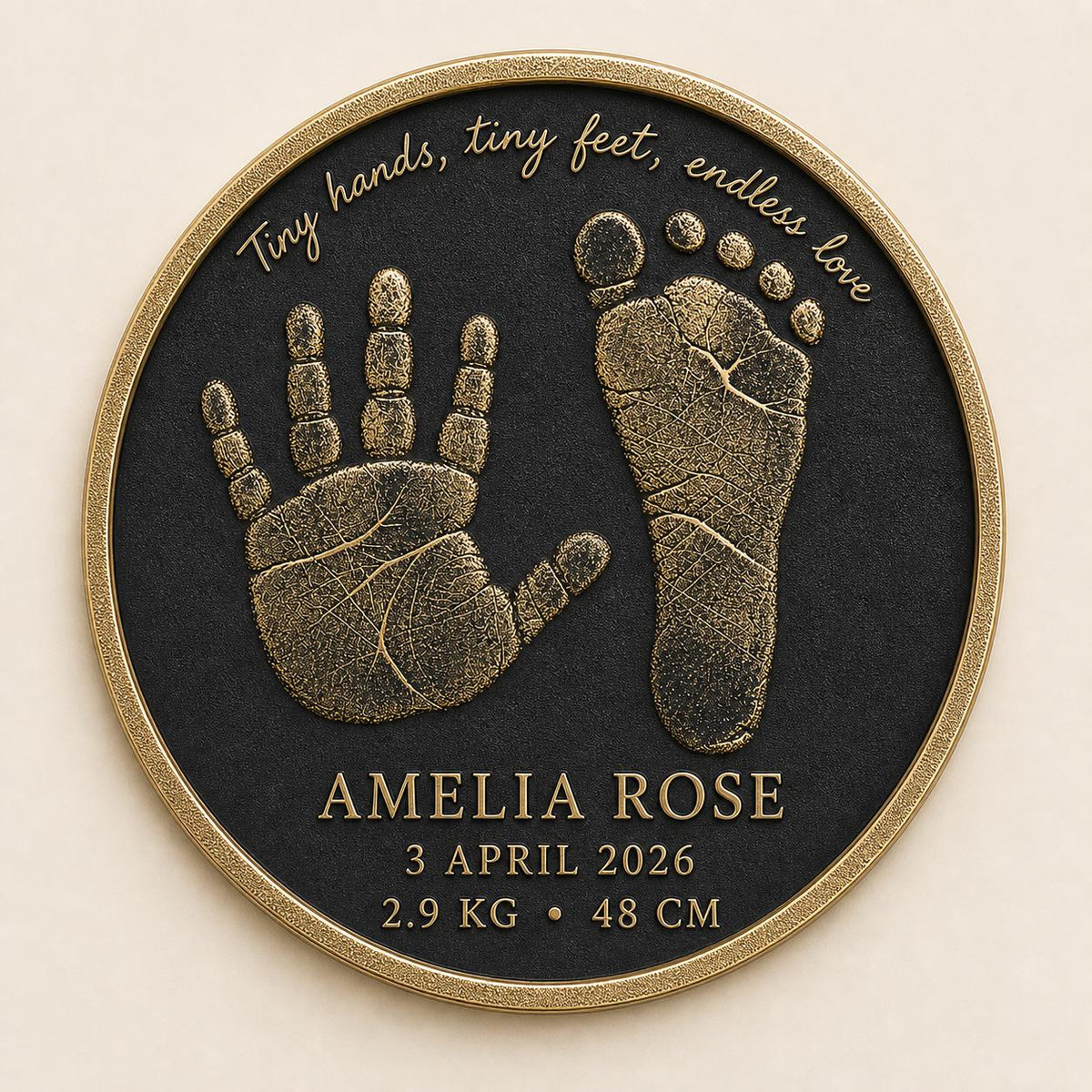 Personalised Baby Handprint & Footprint Plaque, Custom Birth Details Keepsake, Antique Brass Nursery Gift