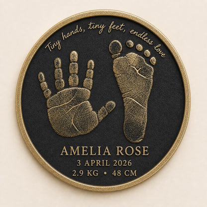 Personalised Baby Handprint & Footprint Plaque, Custom Birth Details Keepsake, Antique Brass Nursery Gift