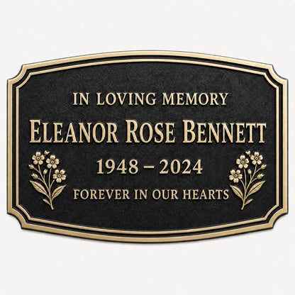 Personalised Remembrance Plaque, Memorial Sign with Floral Detail and Antique Brass Finish