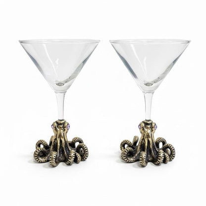 Octopus Martini Glass – Antique Brass Base with Gemstone Eyes, 6.5 oz