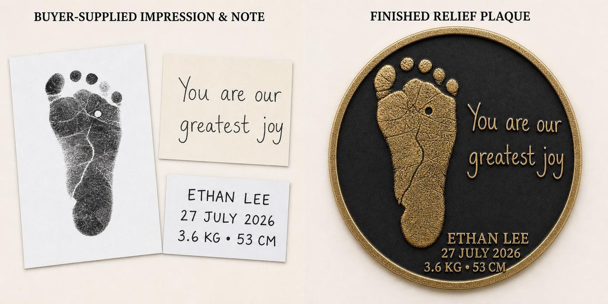 Personalised Baby Footprint Plaque, Custom Birth Stats Keepsake, Antique Brass Gift