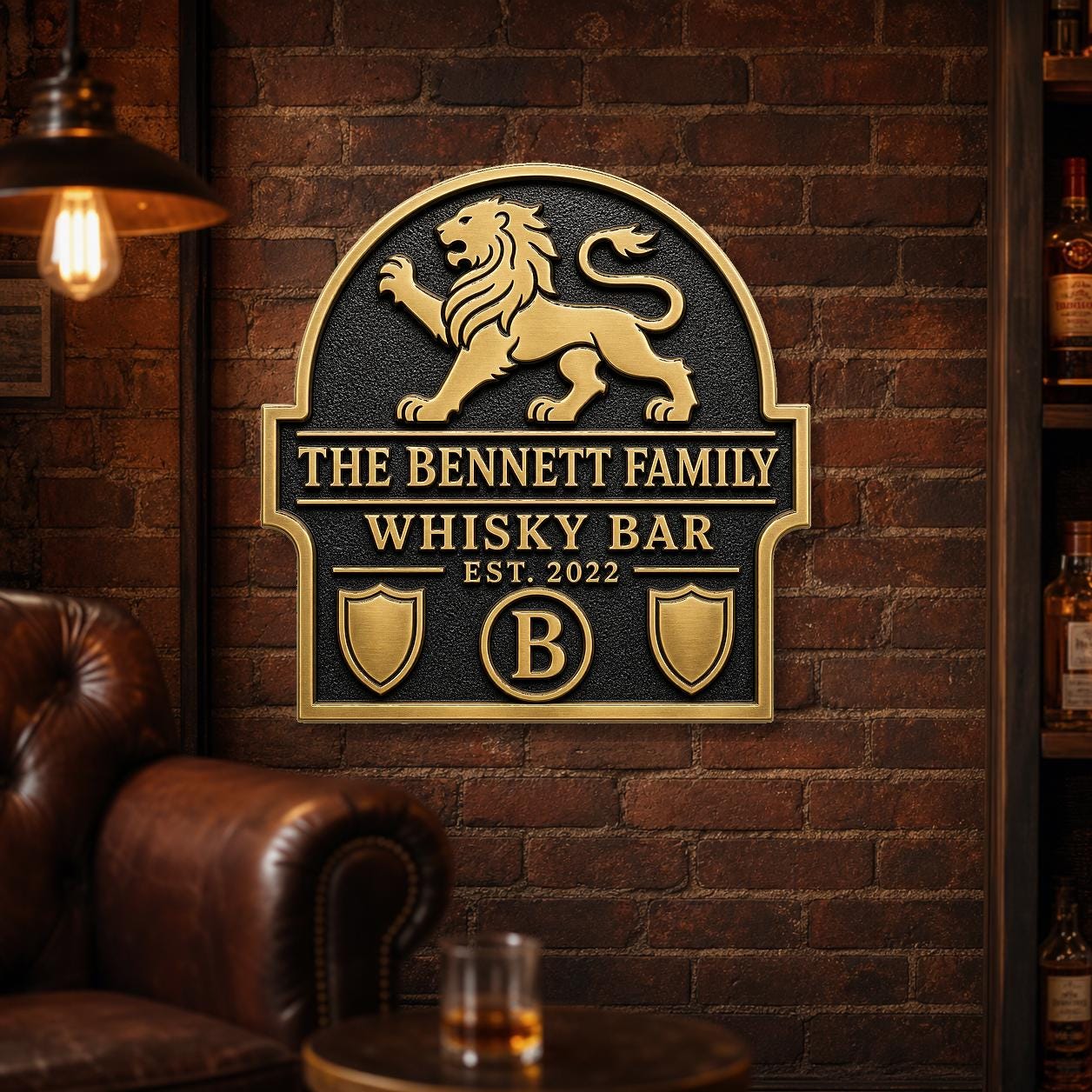 Personalised Lion Family Whisky Bar Sign | Antique Brass Home Bar Plaque | Custom Wall Decor