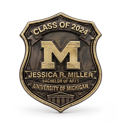 Personalized Graduation Plaque: Antique Brass-Finish Metal Crest with Custom Name, Degree and Year