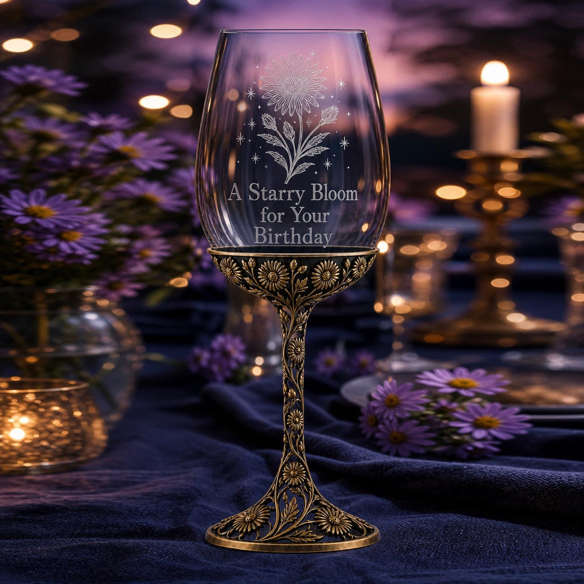 September Aster Wine Glass, Personalised Birth Flower, Openwork Brass Stem, Custom Etched Gift