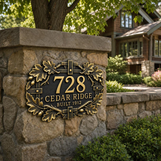 Personalized Antique Brass House Number Plaque | Custom Address Sign | Oak Leaf Family Name Plate