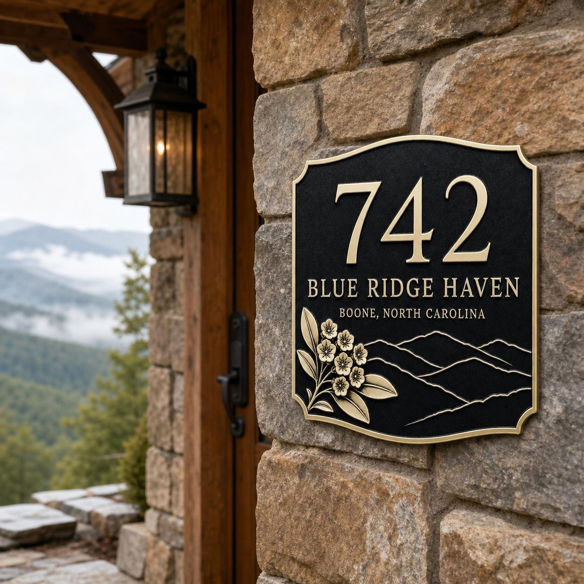 Personalised Mountain Address Plaque | Custom Antique Brass House Number Sign Board