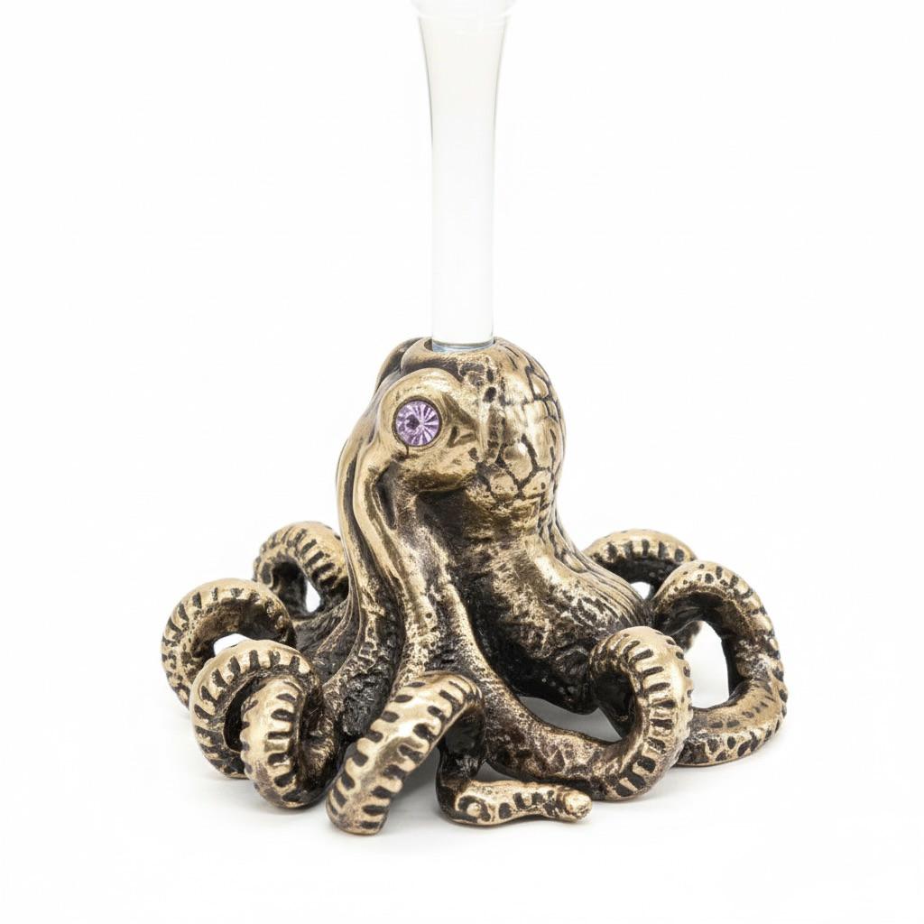 Octopus Wine Glass – Antique Brass Base with Gemstone Eyes, 12 oz