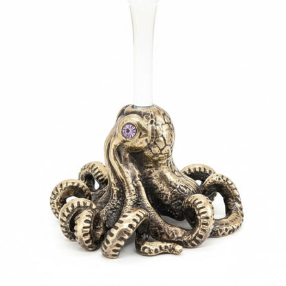 Octopus Wine Glass – Antique Brass Base with Gemstone Eyes, 12 oz