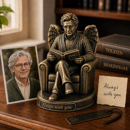 Personalised Reader Memorial Figurine from Photo, Antique Brass Angel Statue, Book Lover Remembrance Gift
