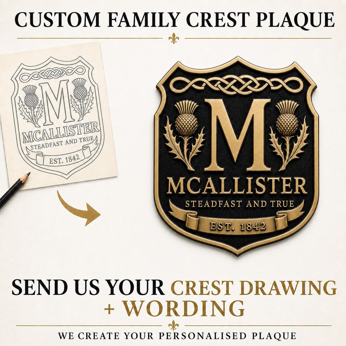 Design Your Own Family Crest Plaque | Personalised Surname & Motto | Antique Brass Wall Sign