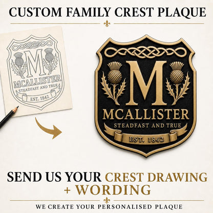 Design Your Own Family Crest Plaque | Personalised Surname & Motto | Antique Brass Wall Sign