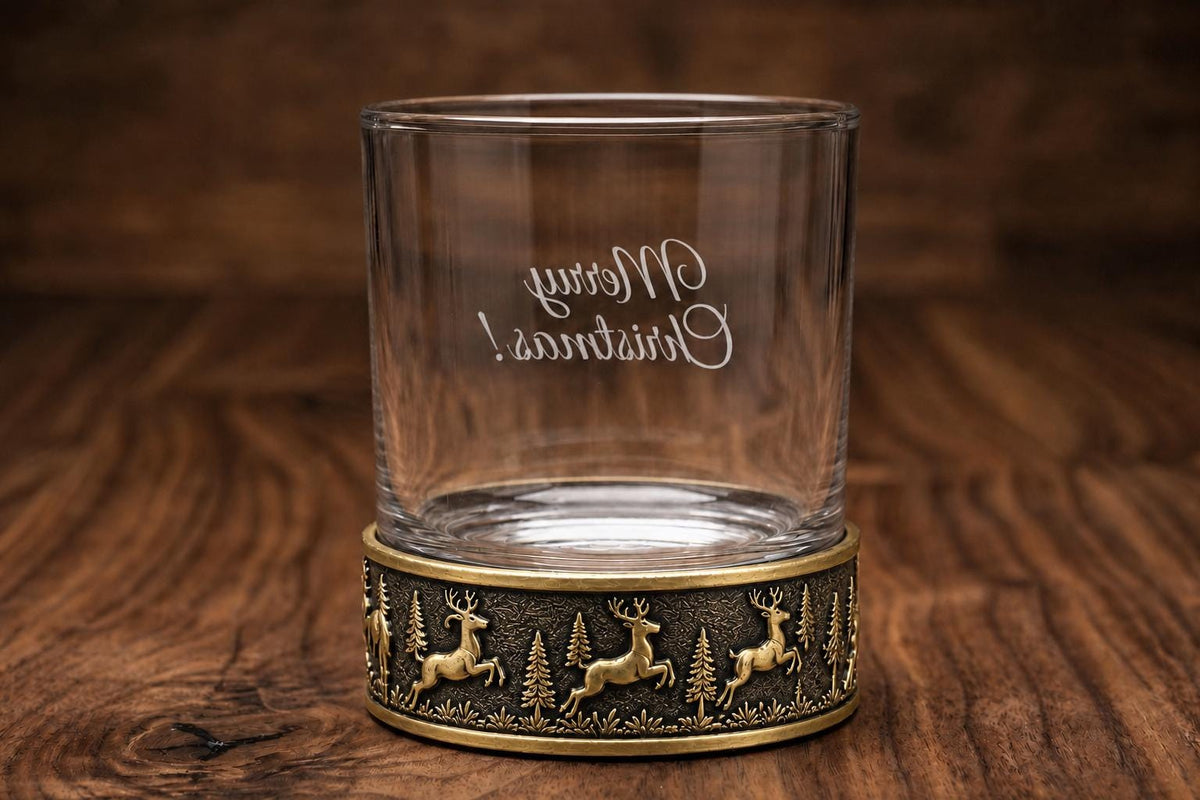 Personalised Laser Etched Reindeer Brass Base Whiskey Glass | Custom Text/Logo Glasses | Holiday Season Gifting