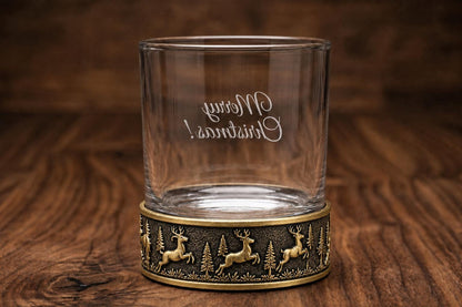 Personalised Laser Etched Reindeer Brass Base Whiskey Glass | Custom Text/Logo Glasses | Holiday Season Gifting