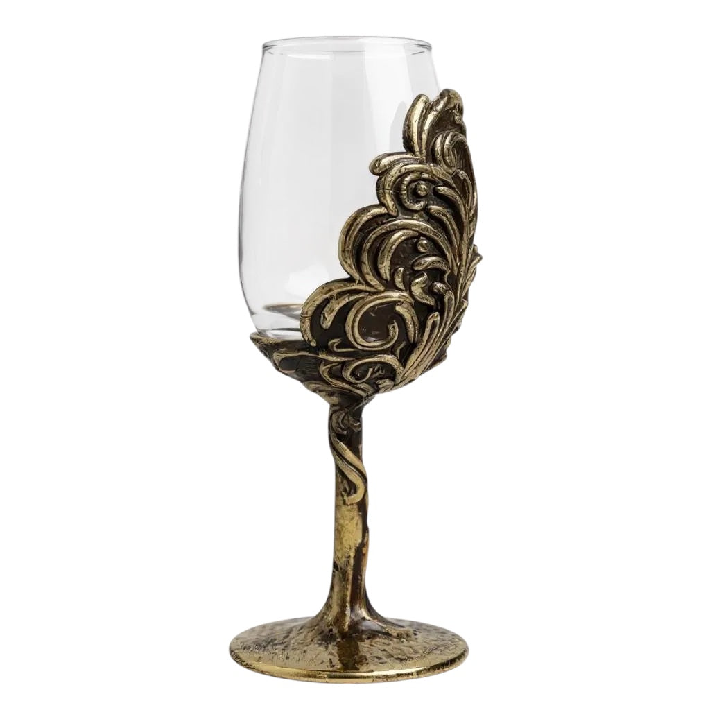 Set of 4 - Intricate Leaf/Ambi Design Wine Glasses | Decorative Drinkware | Statement Barware | Silver, Gold or Antique Finish