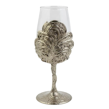 Set of 4 - Intricate Leaf/Ambi Design Wine Glasses | Decorative Drinkware | Statement Barware | Silver, Gold or Antique Finish