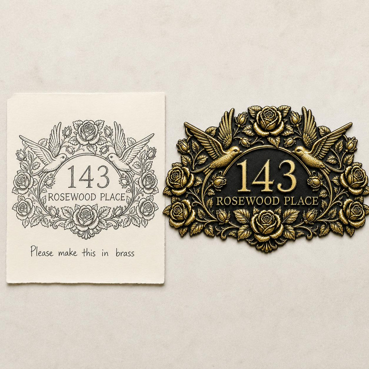 Design Your Own Custom House Number Plaque | Personalized Antique Brass Rose Address Sign
