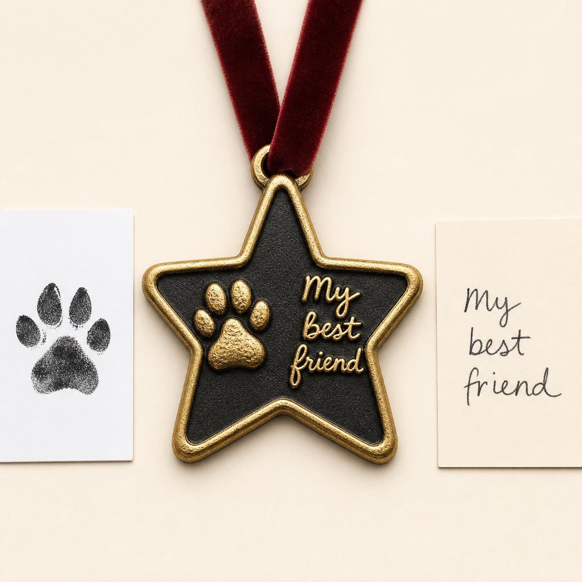 Antique brass star-shaped pet ornament with a raised paw print and My best friend, beside the paw and note cards