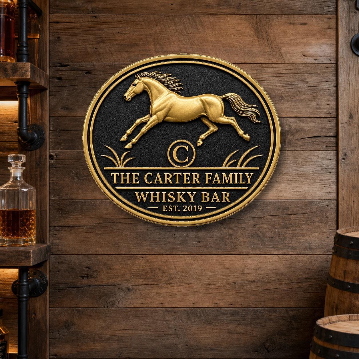 Personalised Running Horse Whisky Bar Plaque | Custom Family Bar Sign | Handcrafted Antique Brass Wall Decor