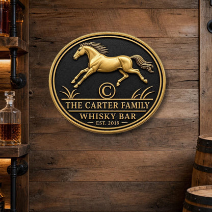 Personalised Running Horse Whisky Bar Plaque | Custom Family Bar Sign | Handcrafted Antique Brass Wall Decor