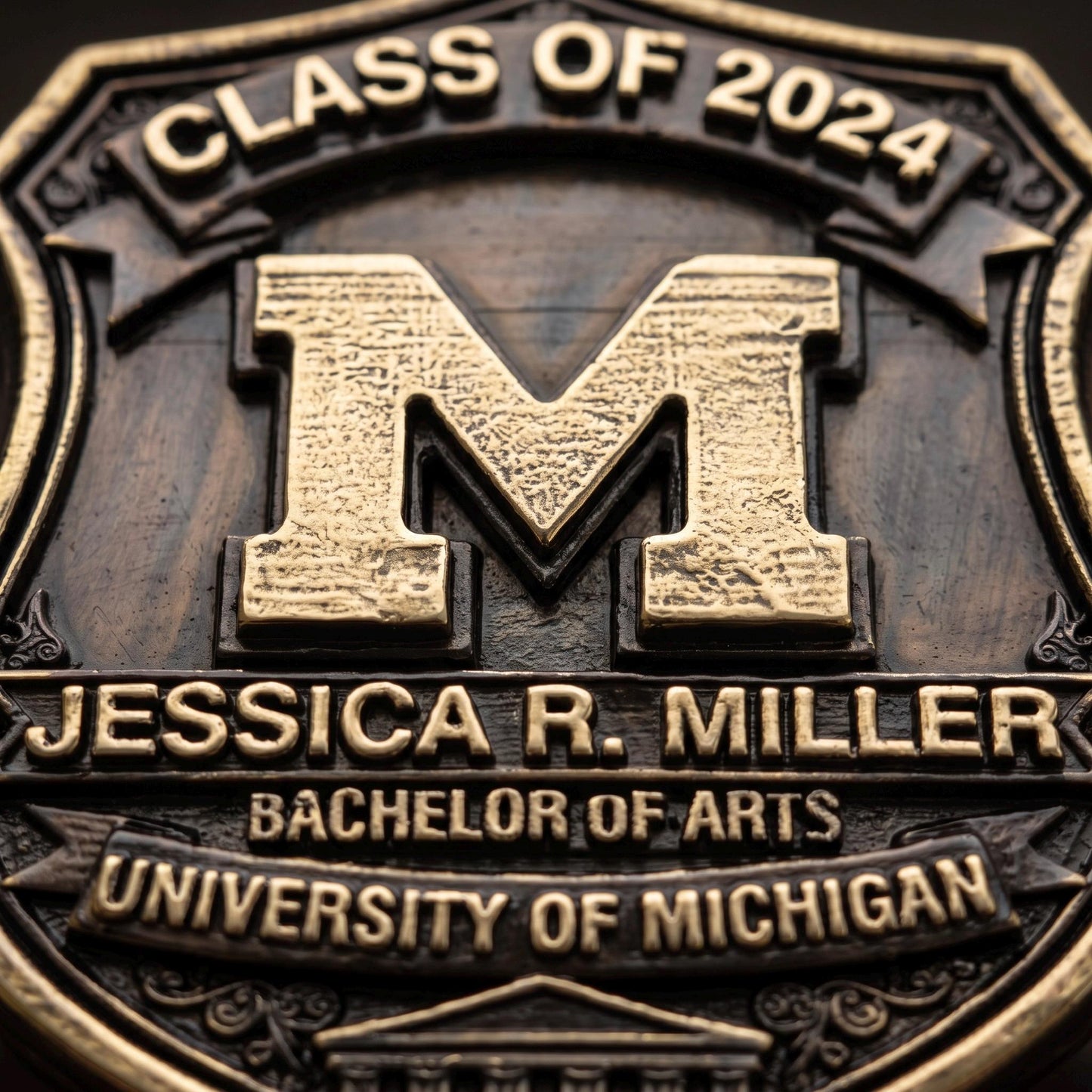 Personalized Graduation Plaque: Antique Brass-Finish Metal Crest with Custom Name, Degree and Year