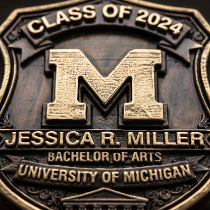 Personalized Graduation Plaque: Antique Brass-Finish Metal Crest with Custom Name, Degree and Year