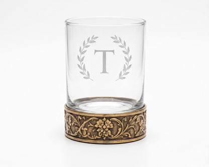 Personalised Laser Etched Brass Base Whiskey Glass | Signature Monogram/Name Glasses | Antique Brass Metal Base