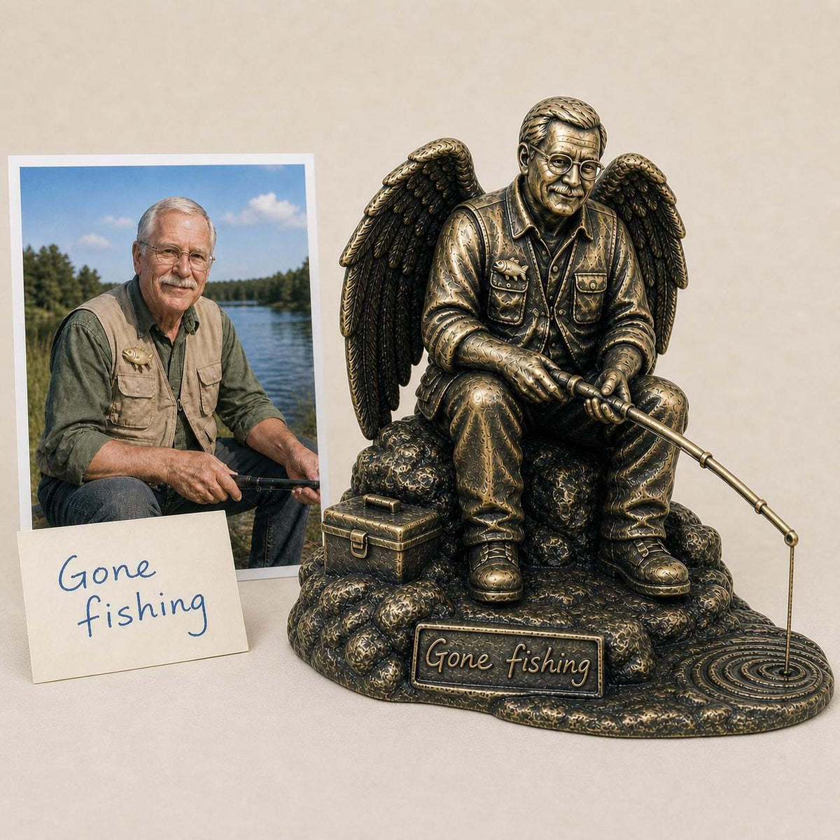 Personalised Fishing Memorial Figurine from Photo, Antique Brass Angel Statue, Grandpa Remembrance Gift