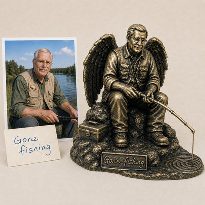 Personalised Fishing Memorial Figurine from Photo, Antique Brass Angel Statue, Grandpa Remembrance Gift