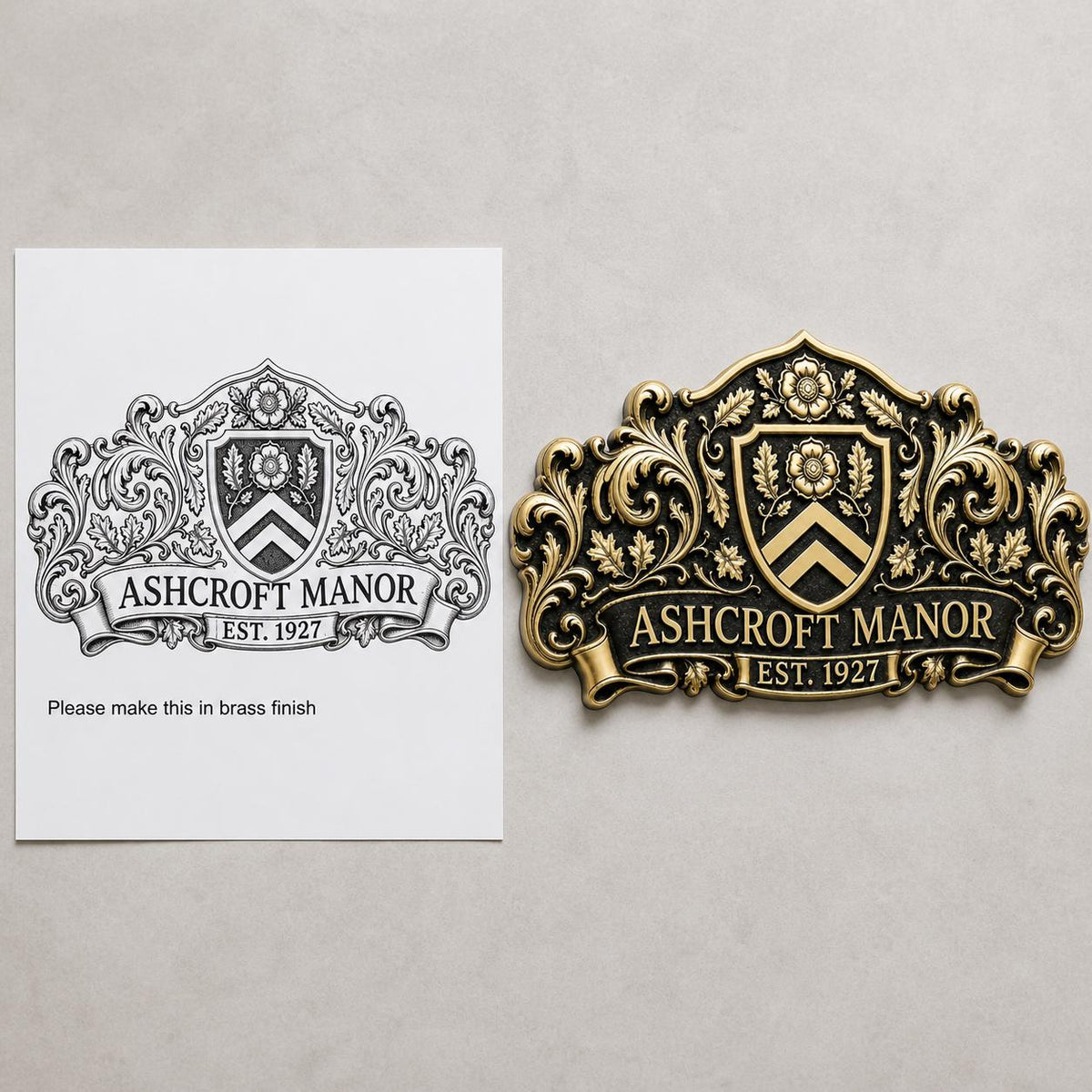 Wide Ashcroft Manor plaque in antique brass beside the black and white drawing it was made from